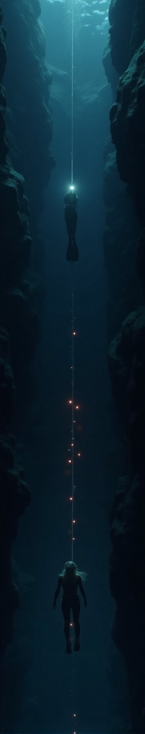 Gina,  a determined and petite figure,  breaches the darkness of the Mariana Trench's abyssal depths. She's a tiny speck b...