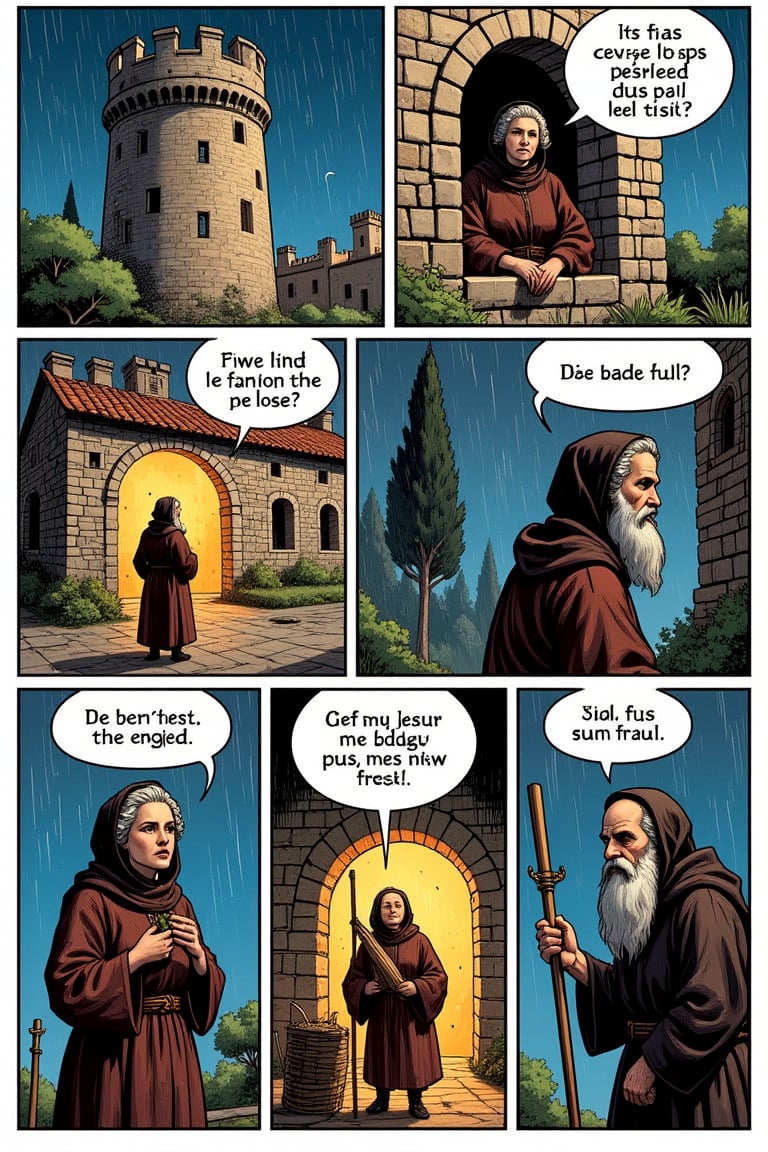 A European-style one-page comic strip with asymmetrical stripes and finely painted,  bright,  vibrant colors. The first st...
