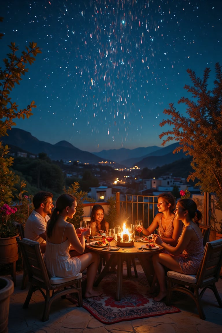 In una piacevole serata su una terrazza bianca sopra un bel tappeto damascato 2 donne e due uomini fanno un piacevole Pic...