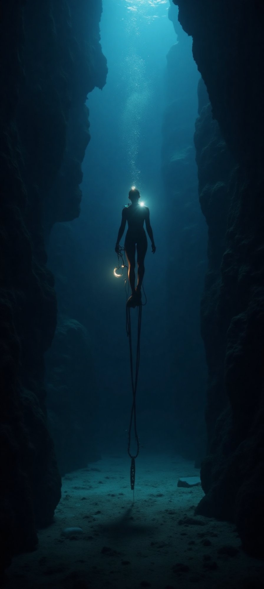 Gina,  a determined and petite figure,  breaches the darkness of the Mariana Trench's abyssal depths. She's a tiny speck b...
