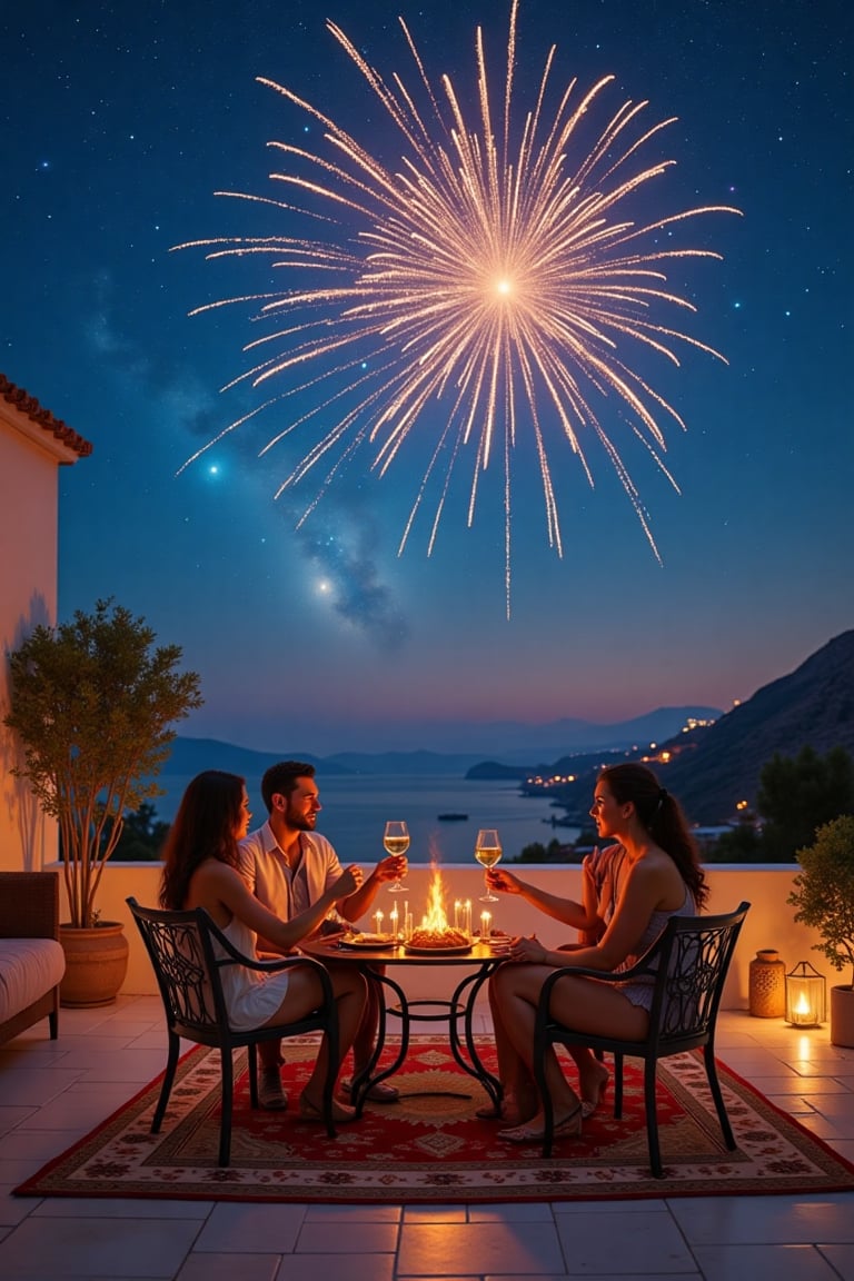 On a pleasant evening on a white terrace above a beautiful damask carpet 2 women and two men have a pleasant Pic Nick sudd...