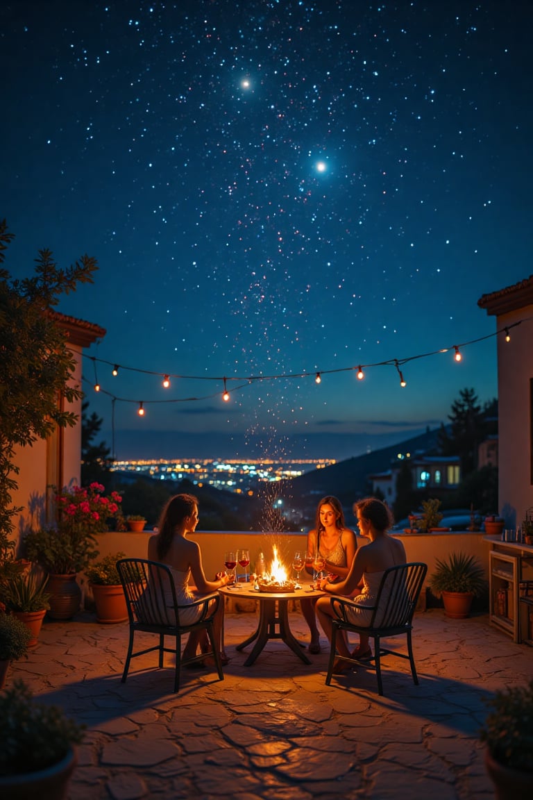 In una piacevole serata su una terrazza bianca sopra un bel tappeto damascato 2 donne e due uomini fanno un piacevole Pic...