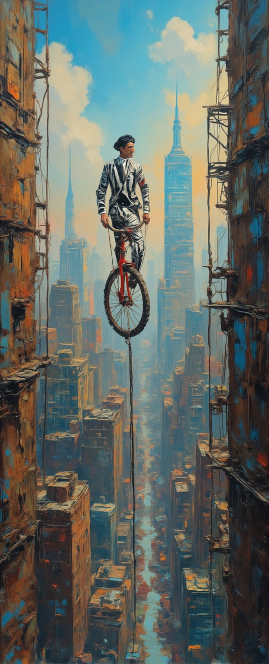 In a dense city formed by very high skyscrapers Sirrano the great French equilibrist with a suit with white and black stri...