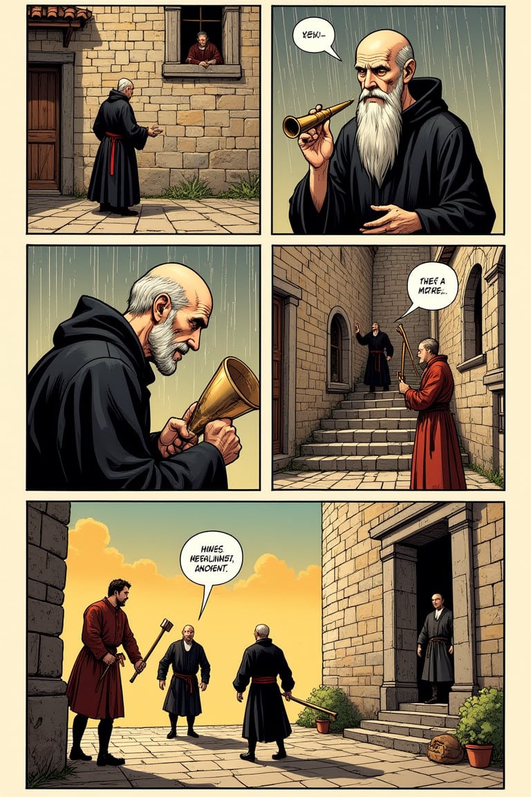 A European-style one-page comic strip with asymmetrical stripes and finely painted,  bright,  vibrant colors. The first st...