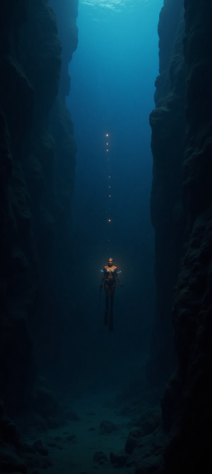 Gina,  a determined and petite figure,  breaches the darkness of the Mariana Trench's abyssal depths. She's a tiny speck b...