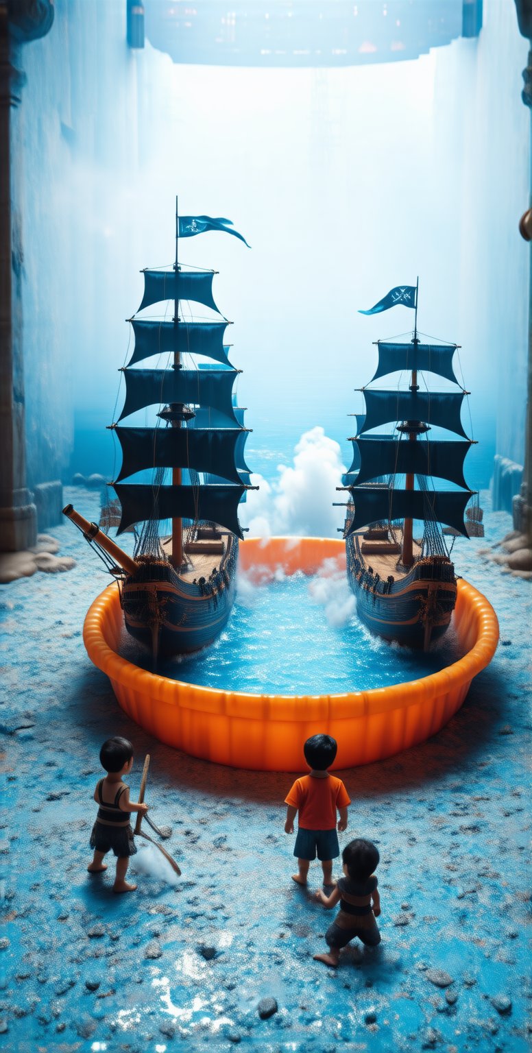 In a blue playroom on the diamond carpet inside an orange basin full of water, an epic naval battle is taking place between two galleons with black sails and pirate flags in the middle of a vortex inside a plastic basin next to two children disguised The smoky cannons of the galleons in the naval basin are looking ecstatic from pirates. The scene must represent the power of fantasy children can see a real naval battle even in simple toys 