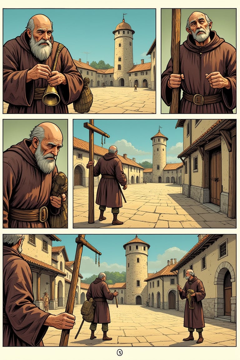 A European-style one-page comic strip with asymmetrical stripes and finely painted,  bright,  vibrant colors. The first st...