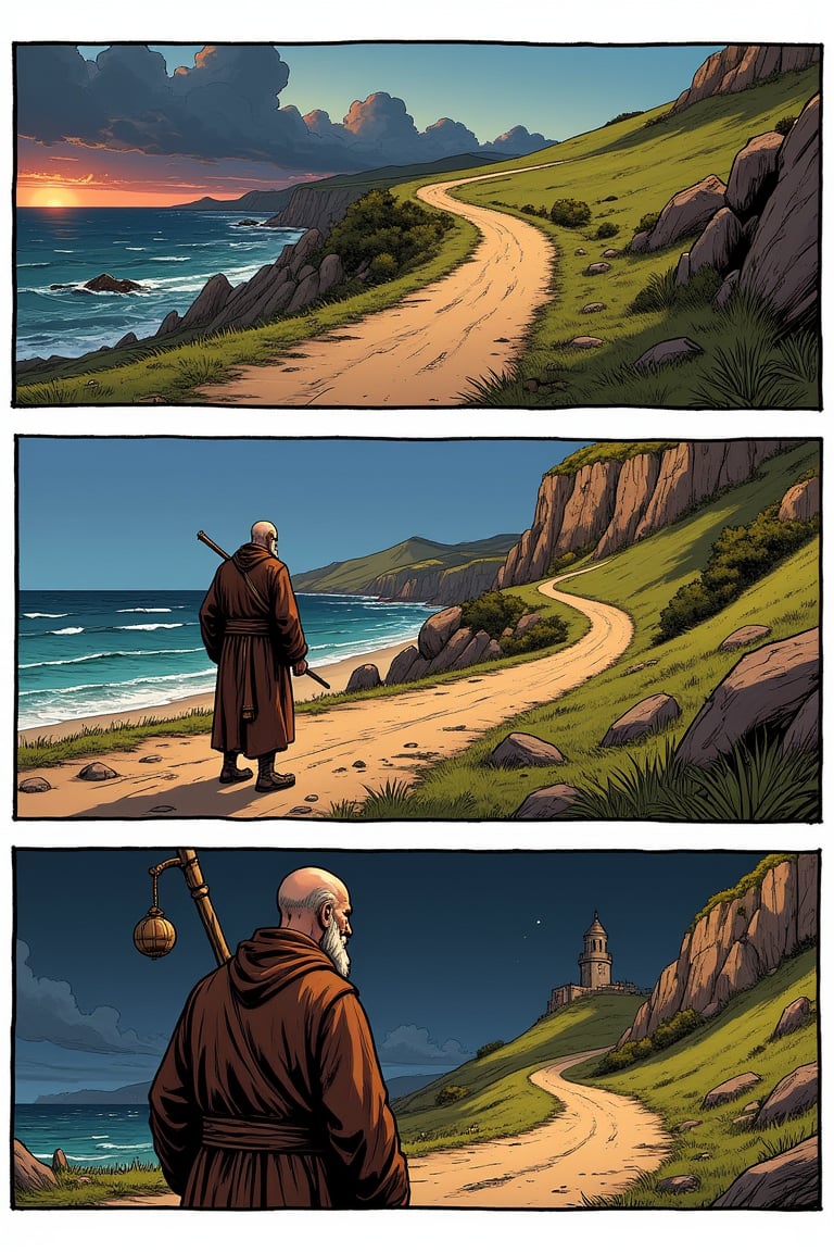 A European-style one-page comic strip with asymmetrical stripes and finely painted,  bright,  vibrant colors. The first st...