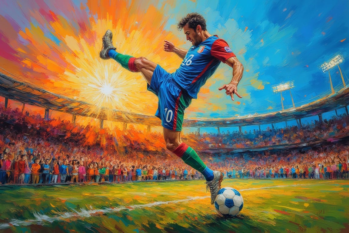 A stunning explosion of colors that envelops a breathtaking athletic moment – a football player in a majestic blue jersey,...