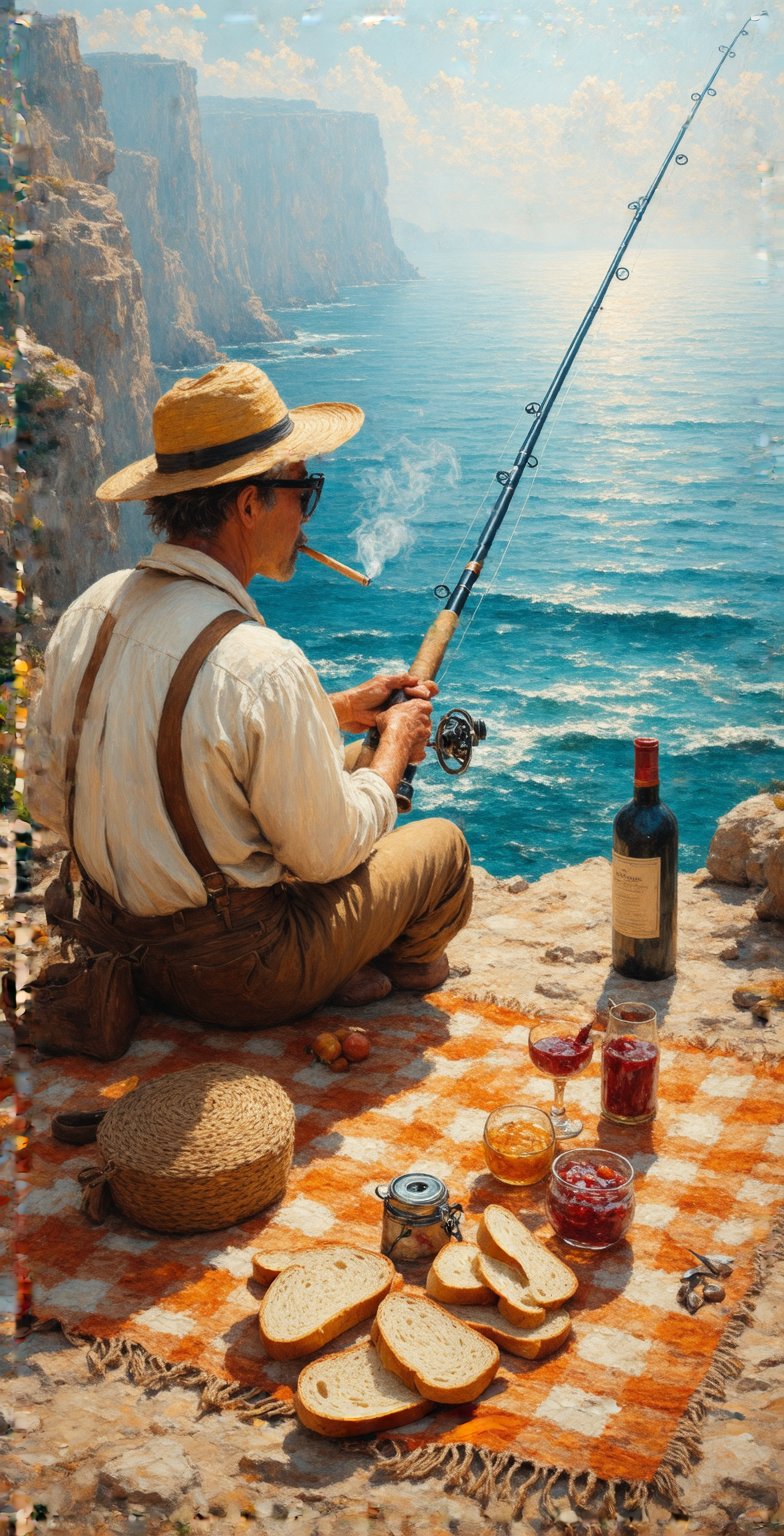 The beautiful painting rich in details and details with raised brush strokes of a fisherman with a large, old and worn yellow straw hat. Sitting on the edge of a cliff overlooking the sea he holds in his hand a long fishing rod with a reel, he waits serenely smoking a short cigarette that the rod bends towards the sea and warns him that the fish has taken the bait. Lying beside him, on a wide blanket of wool with orange and blue squares, with bread, a jar of jam and a bottle of red wine and small glass glasses, a peeled linen dress, Dark sunglasses and hair gathered with a wide colorful foulard. The sun shines high and radiates iridescent rays that enrich the scene with a dreamlike and vibrant light. The painting expresses serenity, peace and armony