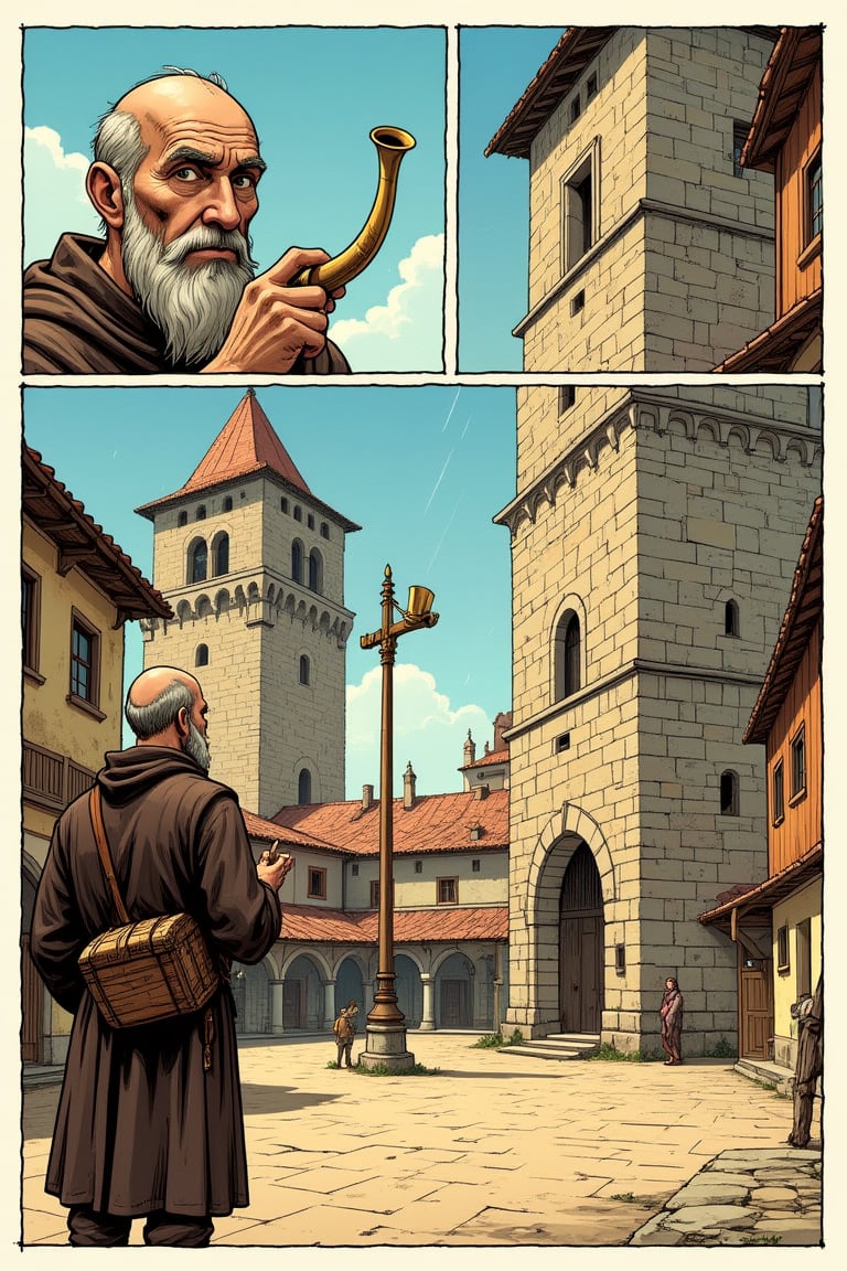 A European-style one-page comic strip with asymmetrical stripes and finely painted,  bright,  vibrant colors. The first st...