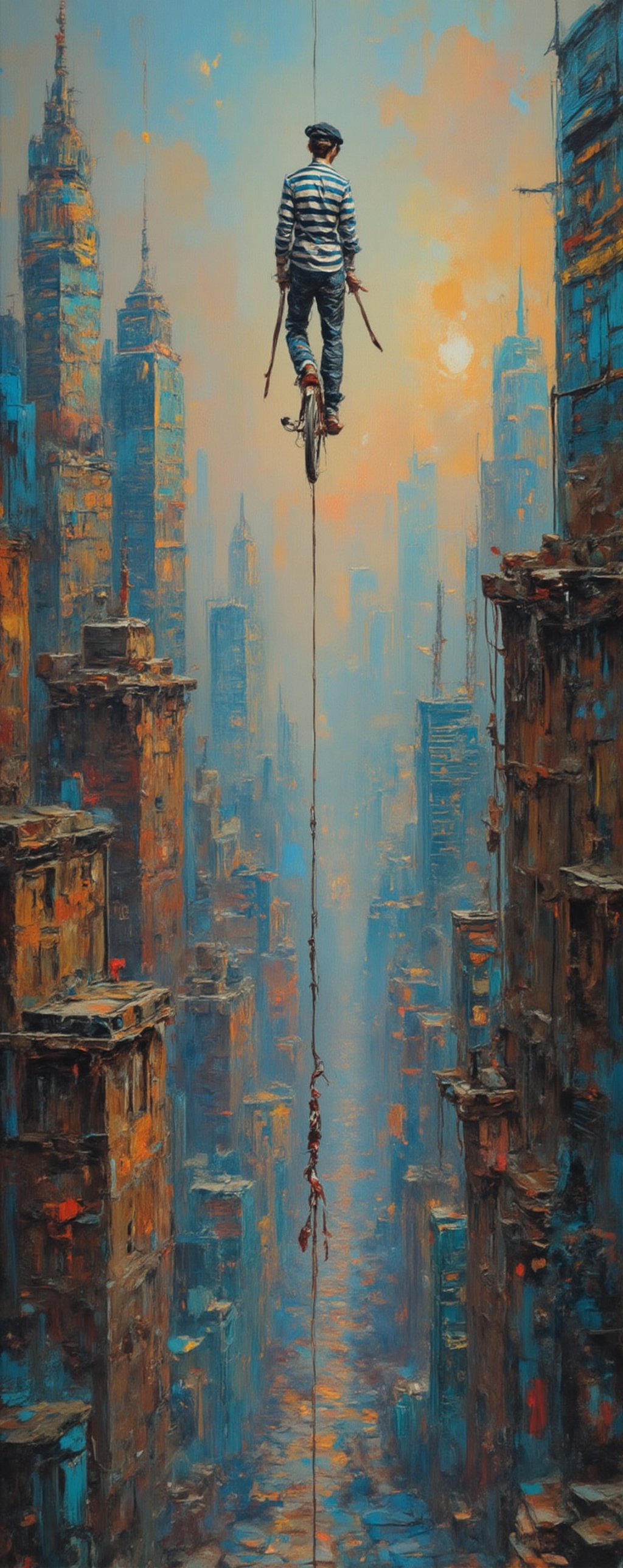 In a dense city formed by very high skyscrapers Sirrano the great French equilibrist with a suit with white and black stri...