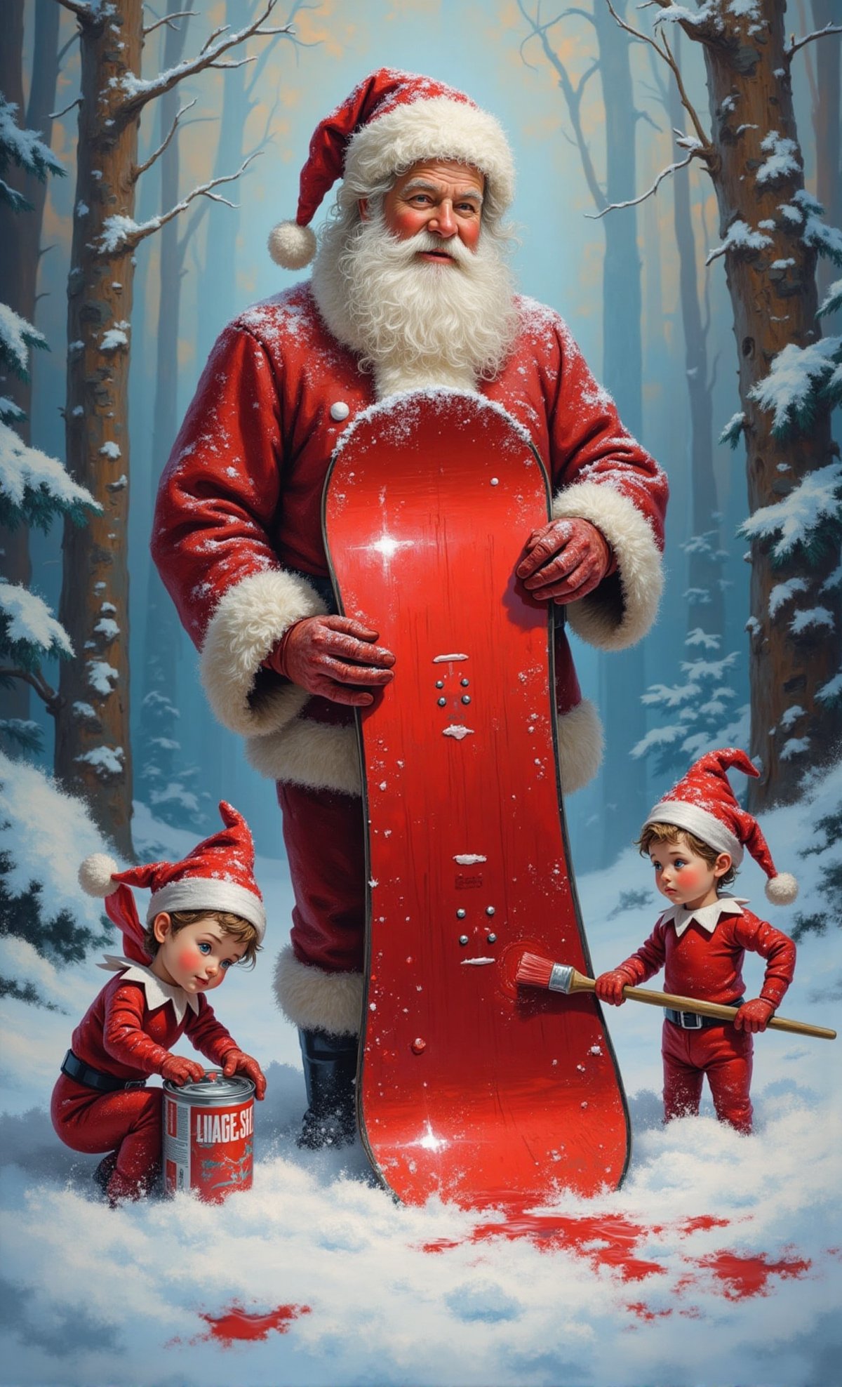 Santa Claus stands amidst the snow-covered trees,  a bright metallic red hue enveloping his newly painted snowboarding boa...