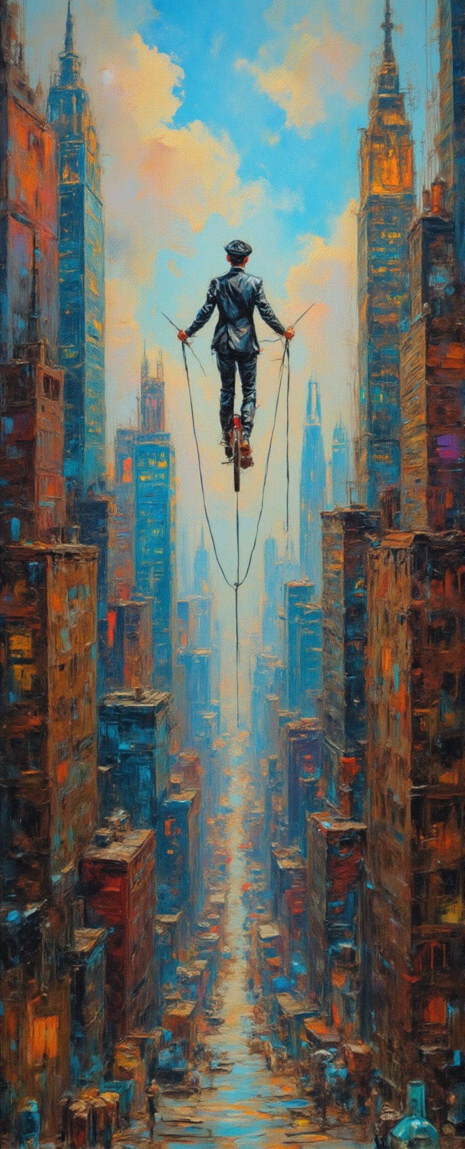 In a dense city formed by very high skyscrapers Sirrano the great French equilibrist with a suit with white and black stri...
