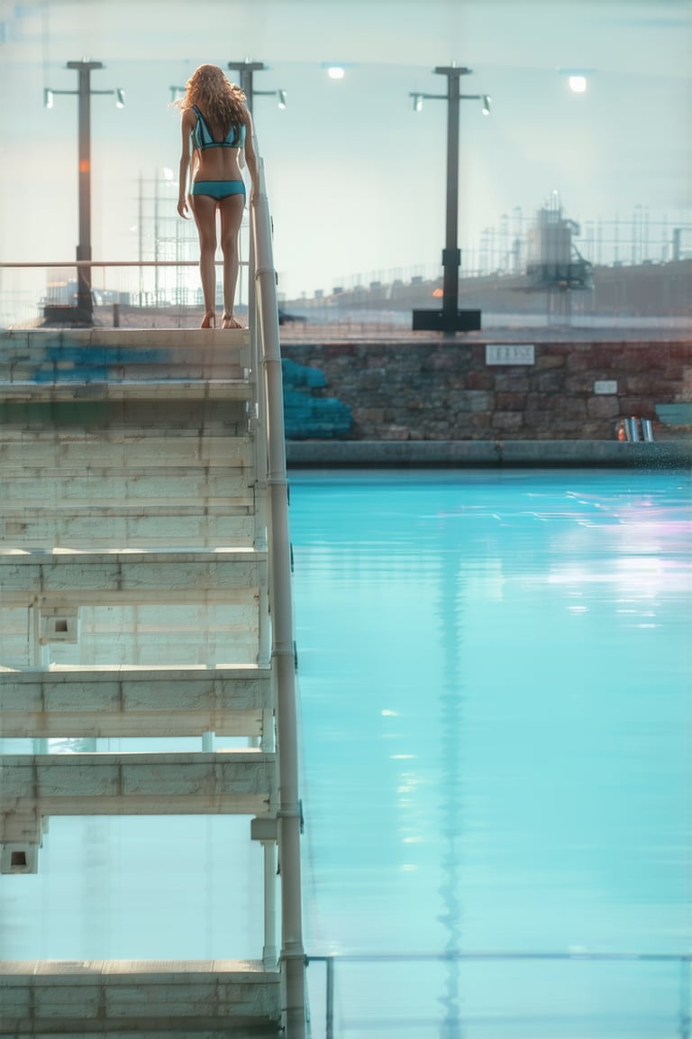 Tania on the tip of a very high trampoline of an indoor pool illuminated by large lighthouses is ready to dive. Tania wears a tight mankini and her hair is gathered