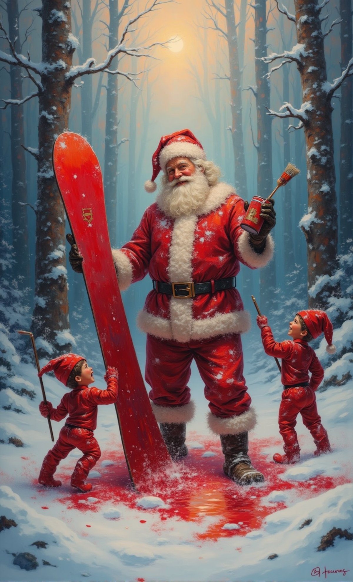 Santa Claus stands amidst the snow-covered trees,  a bright metallic red hue enveloping his newly painted snowboarding boa...