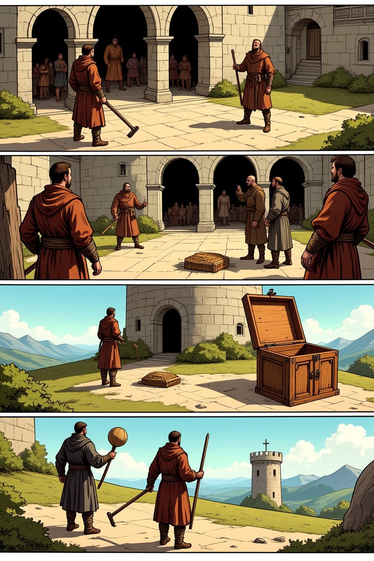 A European-style one-page comic strip with asymmetrical stripes and finely painted,  bright,  vibrant colors. The first st...