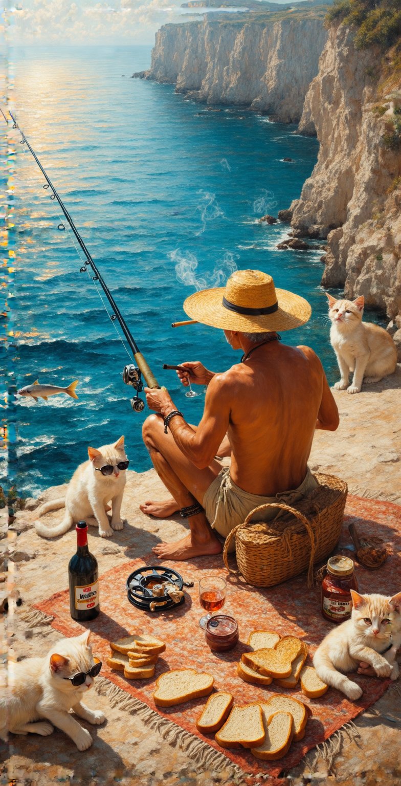 The beautiful painting rich in details and details with raised brush strokes of a fisherman with a large, old and worn yellow straw hat. Sitting on the edge of a cliff overlooking the sea he holds in his hand a long fishing rod with a reel, he waits serenely smoking a short cigarette that the rod bends towards the sea and warns him that the fish has taken the bait. Next to kittens on a wide blanket of wool with orange and blue squares with bread, Nutella jar and a bottle of red wine and small glass glasses, a narrow one-piece swimsuit white, Bracelets and rings, dark sunglasses and Blonde hair gathered with a wide colorful foulard. The sun shines high and radiates iridescent rays that enrich the scene with a dreamlike and vibrant light. The painting expresses serenity, peace and harmony with nature 