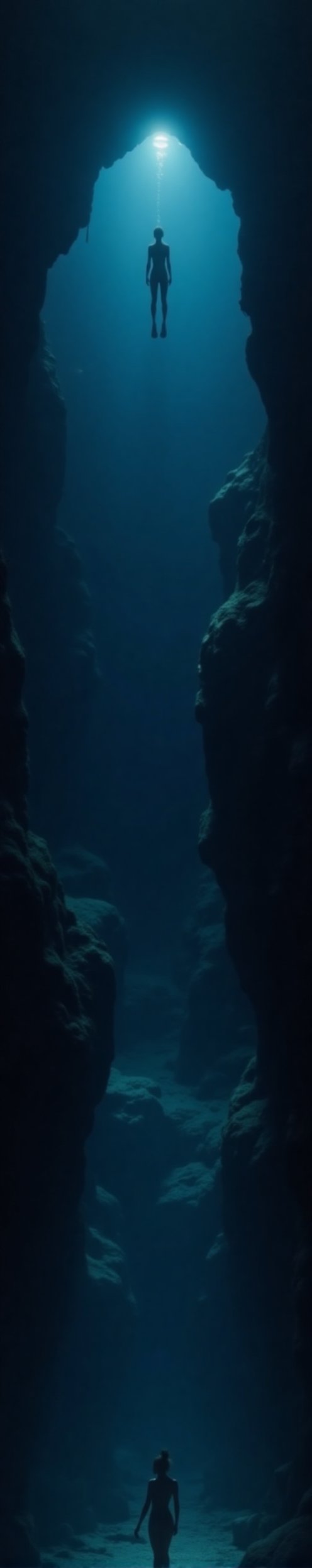 Gina,  a determined and petite figure,  breaches the darkness of the Mariana Trench's abyssal depths. She's a tiny speck b...