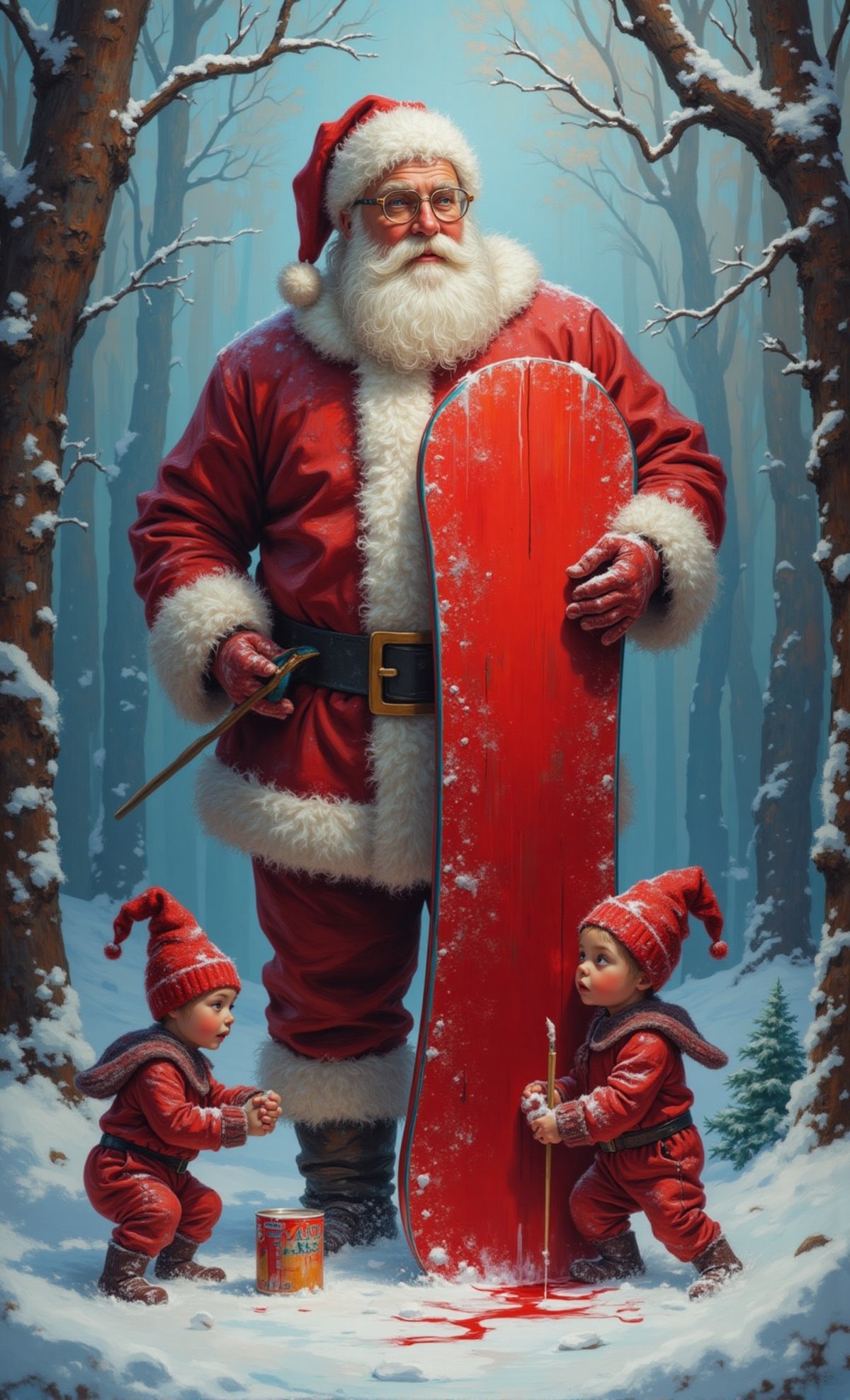 Santa Claus stands amidst the snow-covered trees,  a bright metallic red hue enveloping his newly painted snowboarding boa...