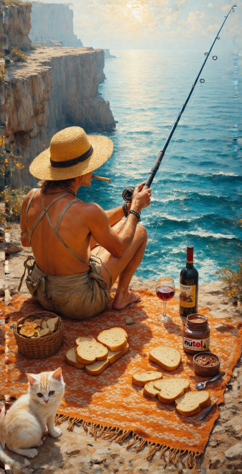 The beautiful painting rich in details and details with raised brush strokes of a fisherman with a large, old and worn yellow straw hat. Sitting on the edge of a cliff overlooking the sea he holds in his hand a long fishing rod with a reel, he waits serenely smoking a short cigarette that the rod bends towards the sea and warns him that the fish has taken the bait. Next to kittens on a wide blanket of wool with orange and blue squares with bread, Nutella jar and a bottle of red wine and small glass glasses, a narrow one-piece swimsuit white, Bracelets and rings, dark sunglasses and Blonde hair gathered with a wide colorful foulard. The sun shines high and radiates iridescent rays that enrich the scene with a dreamlike and vibrant light. The painting expresses serenity, peace and harmony with nature 