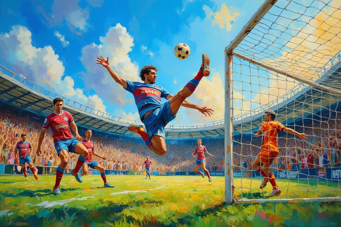 A breathtaking moment captured in a painting of a soccer match,  where a nimble athlete soars through the air in a mesmeri...