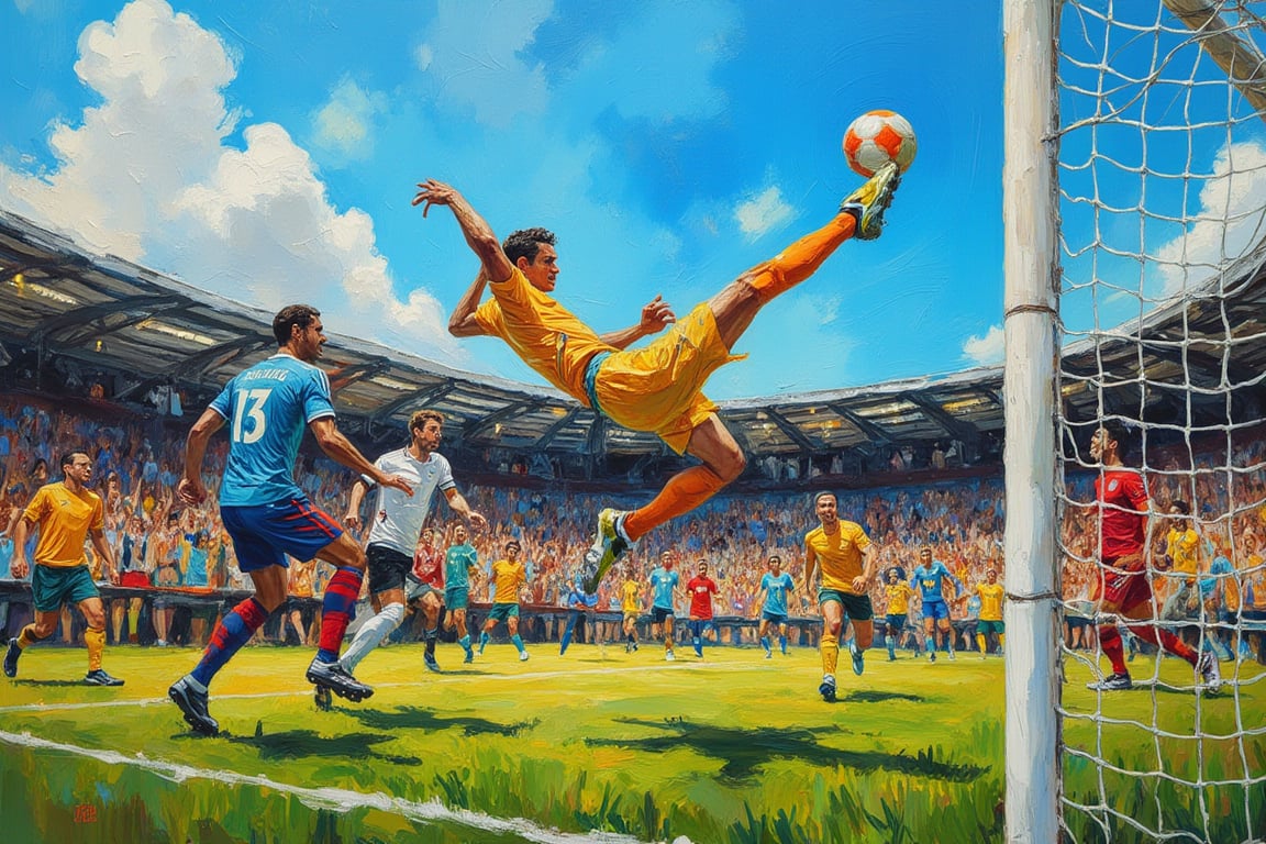 A breathtaking moment captured in a painting of a soccer match,  where a nimble athlete soars through the air in a mesmeri...