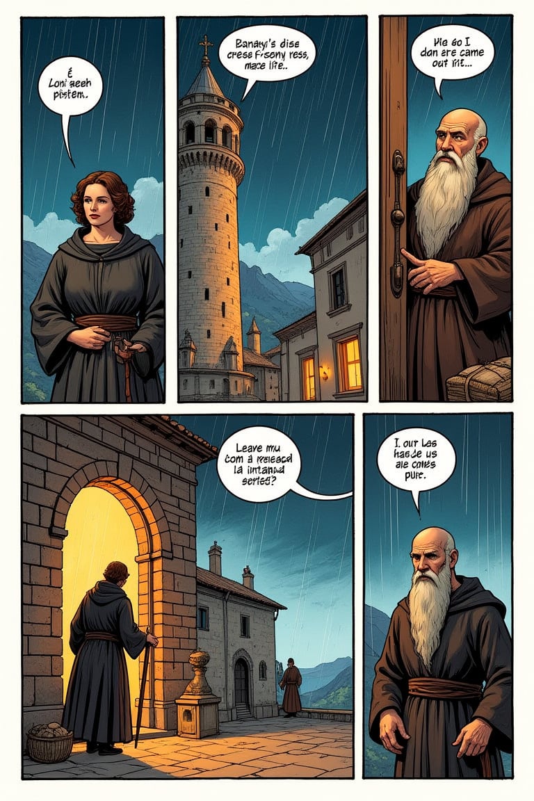 A European-style one-page comic strip with asymmetrical stripes and finely painted,  bright,  vibrant colors. The first st...