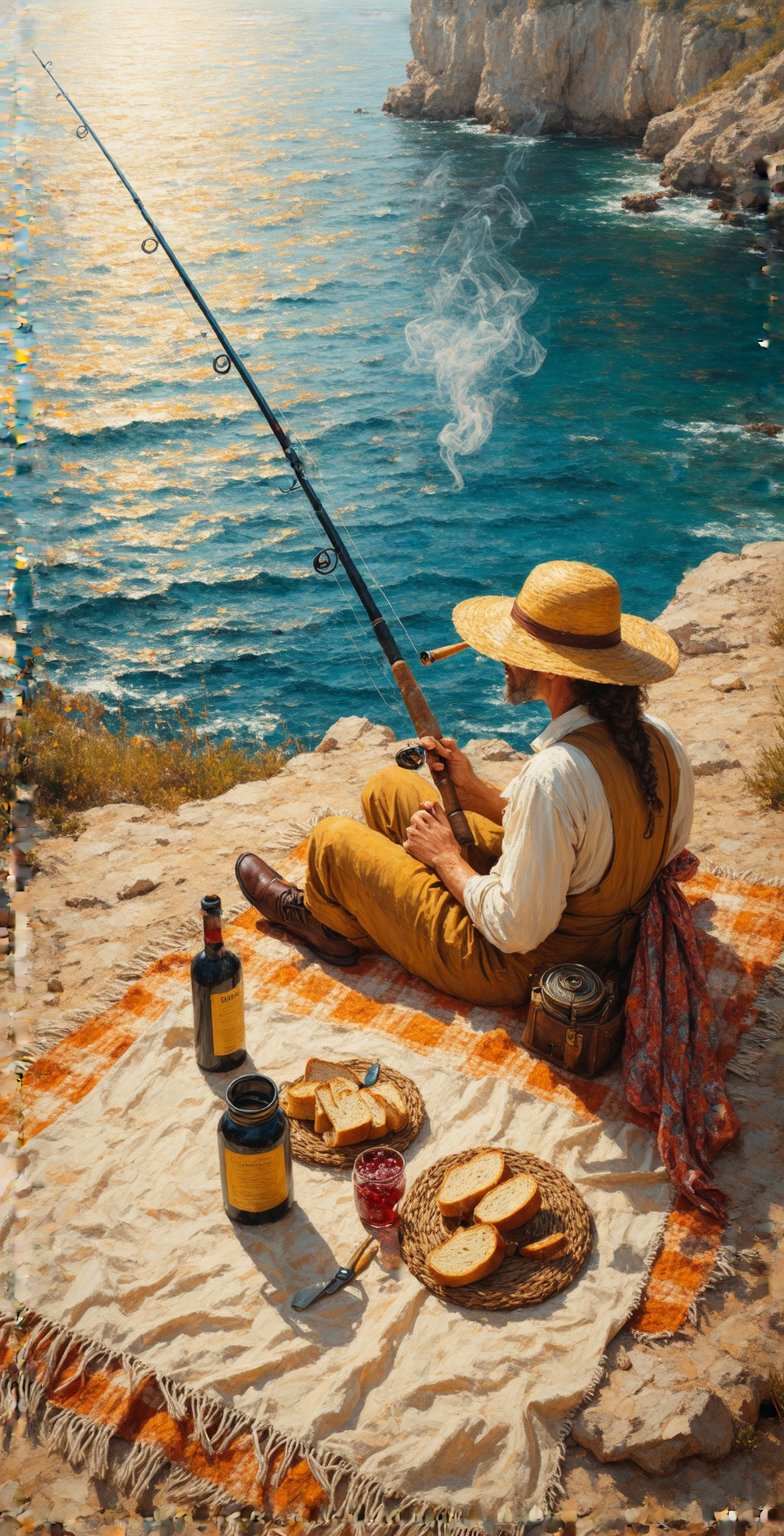 The beautiful painting rich in details and details with raised brush strokes of a fisherman with a large, old and worn yellow straw hat. Sitting on the edge of a cliff overlooking the sea he holds in his hand a long fishing rod with a reel, he waits serenely smoking a short cigarette that the rod bends towards the sea and warns him that the fish has taken the bait. Lying beside him, on a wide blanket of wool with orange and blue squares, with bread, a jar of jam and a bottle of red wine and small glass glasses, a peeled linen dress, Dark sunglasses and hair gathered with a wide colorful foulard. The sun shines high and radiates iridescent rays that enrich the scene with a dreamlike and vibrant light. The painting expresses serenity, peace and armony