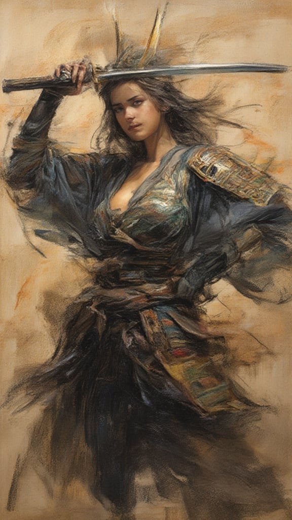 Akira Kurosawa's movie-style poster features a full-body shot of a 28-year-old girl,  embodying the samurai spirit of Japa...