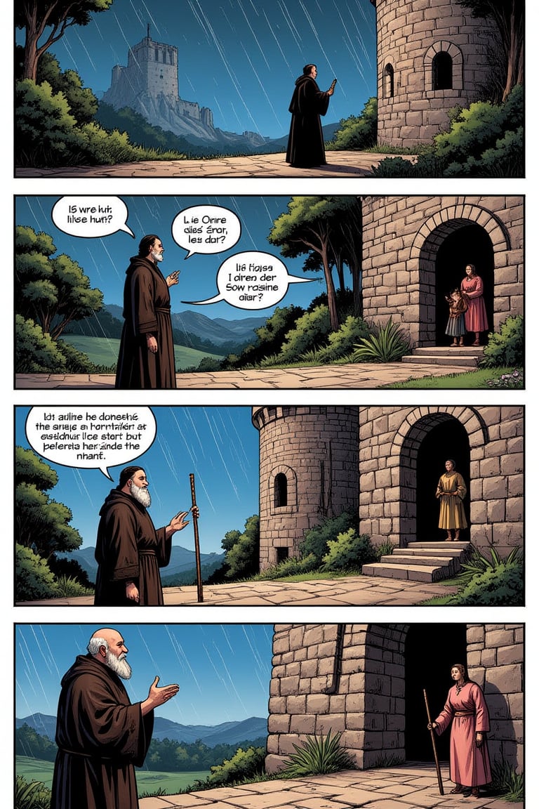 A European-style one-page comic strip with asymmetrical stripes and finely painted,  bright,  vibrant colors. The first st...