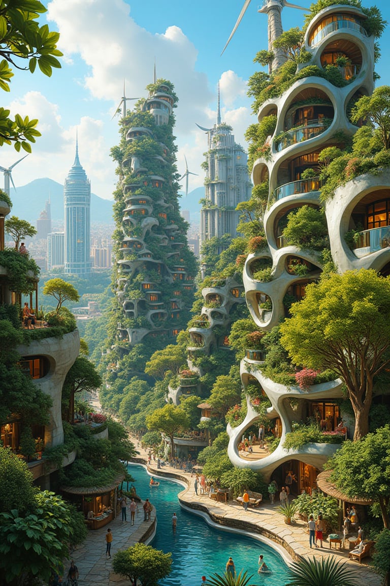 A breathtaking 4K panorama of a futuristic city-garden, where modern organic architecture seamlessly blends with the vibrant tapestry of nature. This vision of a sustainable metropolis features buildings that rise majestically, their curvilinear forms inspired by the natural world. These structures are adorned with lush greenery, creating a vertical jungle that merges the urban and the organic. Every rooftop and balcony is a thriving garden, teeming with a variety of flora, while water features and cascading vines weave in and out of the structures. The cityscape is interspersed with serene parks and green spaces, providing a human scale to the grandeur. People of all ages are engaged in various activities, from cycling along dedicated pathways to relaxing in the shade of giant, sculpted trees. Solar panels and wind turbines are elegantly integrated into the buildings, showcasing the city's commitment to renewable energy. The streets are pedestrian-friendly, with public art installations that harmonize with the surroundings. The air is fresh and clean, and the vibe is one of tranquility and vitality. This ultra-realistic photograph captures the essence of a civilization that has embraced the beauty of nature and the good life, offering a glimpse into an era where technology and ecology coexist in perfect harmony.