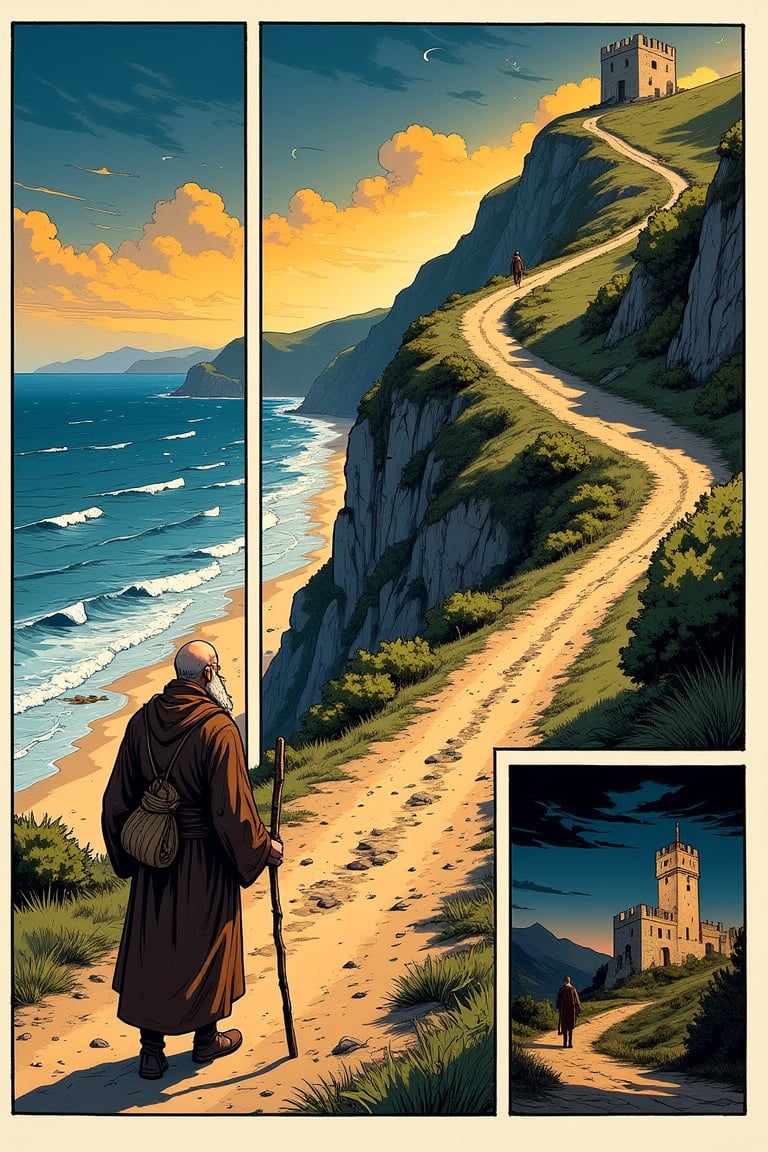 A European-style one-page comic strip with asymmetrical stripes and finely painted,  bright,  vibrant colors. The first st...