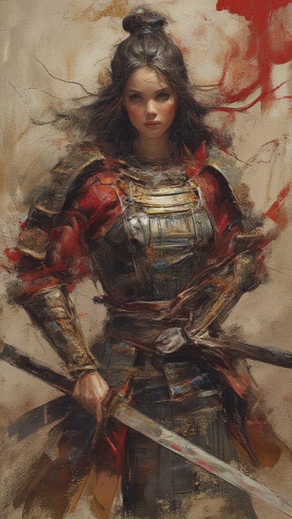 Akira Kurosawa's movie-style poster features a full-body shot of a 28-year-old girl,  embodying the samurai spirit of Japa...