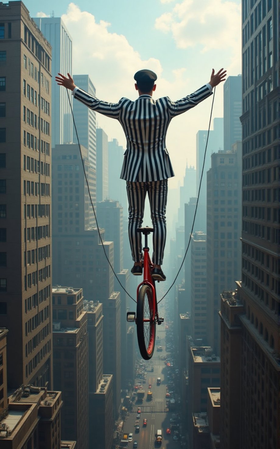 In a dense city formed by very high skyscrapers Sirrano the great French equilibrist with a suit with white and black stri...