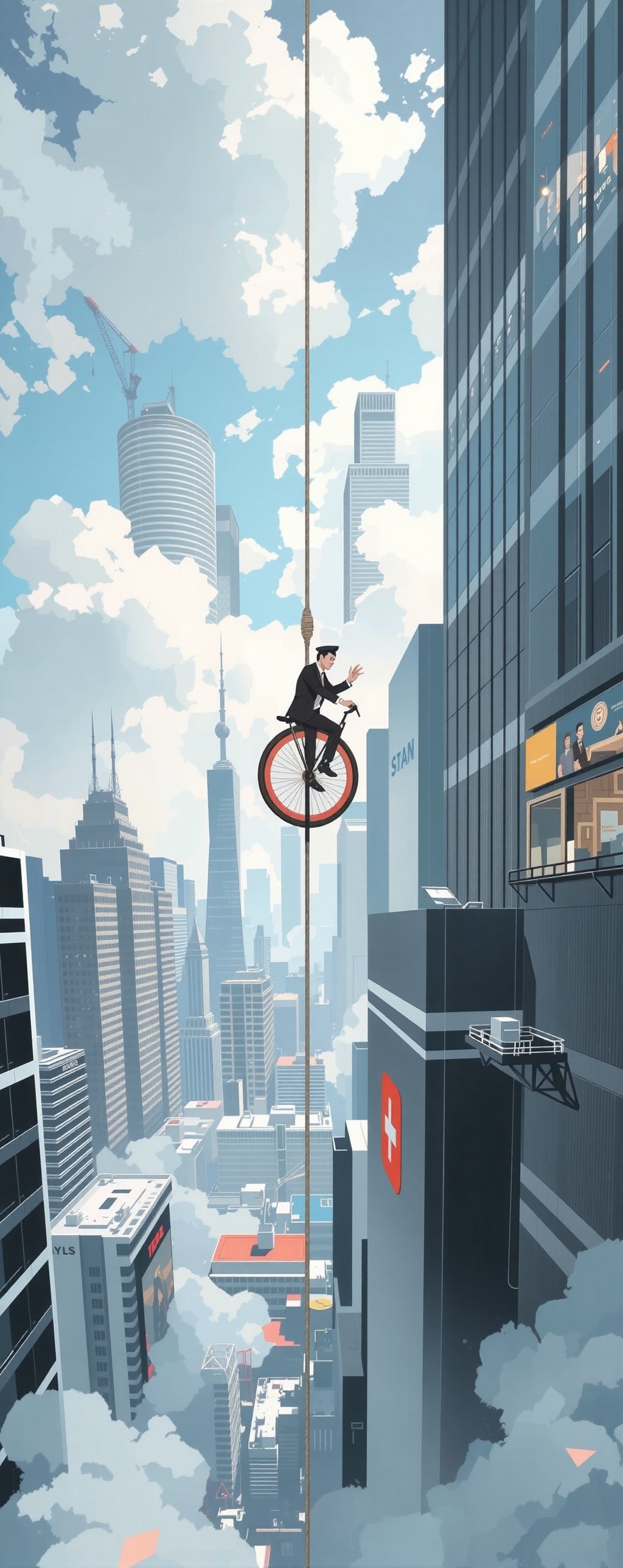 In a dense city formed by very high skyscrapers Sirrano the great French equilibrist with a suit with white and black stri...