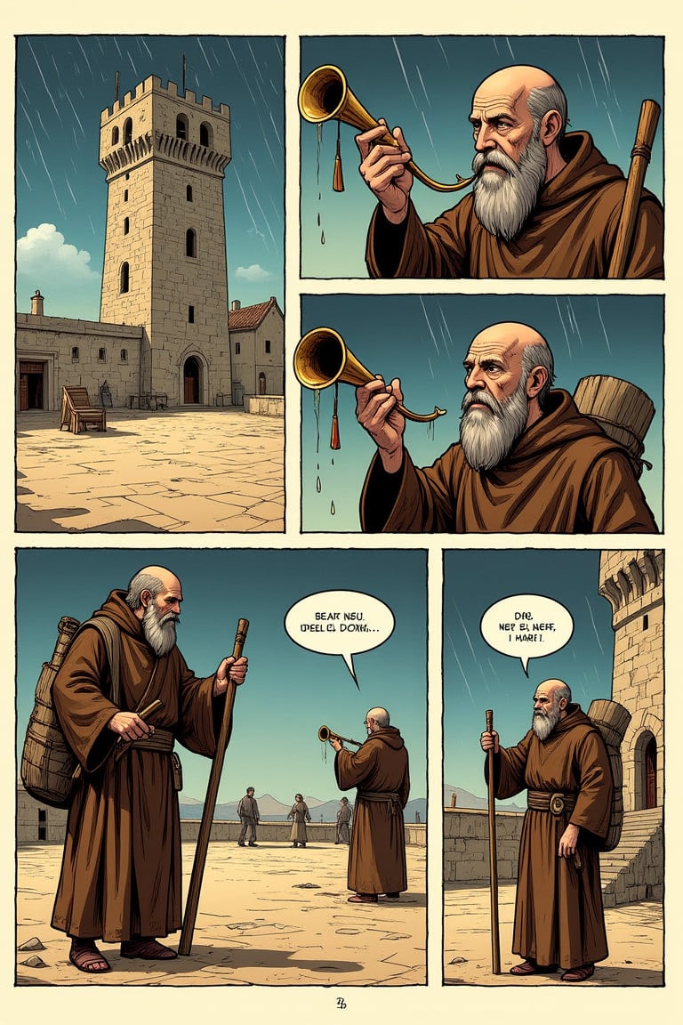 A European-style one-page comic strip with asymmetrical stripes and finely painted,  bright,  vibrant colors. The first st...