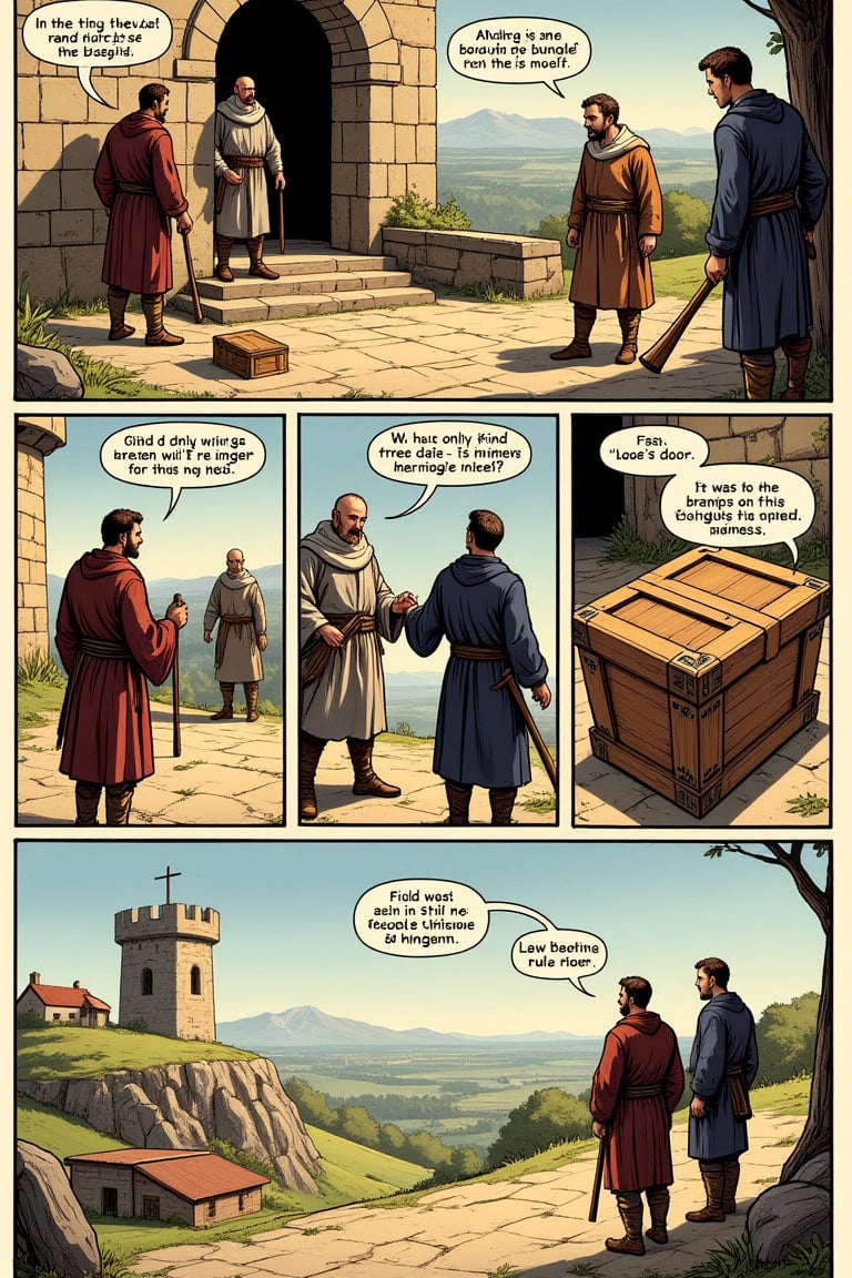 A European-style one-page comic strip with asymmetrical stripes and finely painted,  bright,  vibrant colors. The first st...