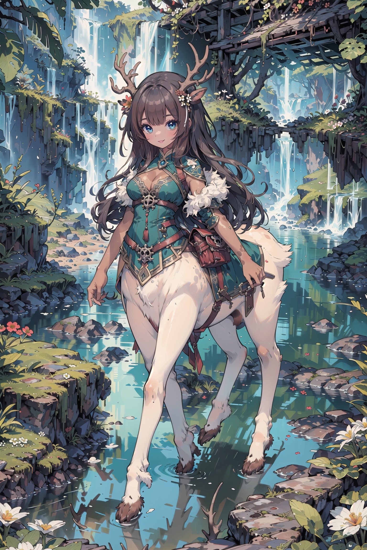 one character (adult female, human upper half, deer markings, Centaur with deer body lower half,  deer hooves, centaur, tan deer fur, white fluffy underbelly fur), light tan skin, white spots on rump that resemble flowers, very detailed light tan skin, medium breasts, (very long curly brown hair, very messy hair, very detailed hair, flowers everywhere in hair, large number of flowers in hair, flower covered hair), short semetrical deer antlers, (dark blue ornate pirate clothing, fancy silver detailing on clothing, cleavage window, dynamic clothing), full body view, character focus,  saddle bags with clasp, extremely high detailed, outdoors, walking on beech, happy, excellent ocean view, complex backgroud, vibrant tropical island, detailed tropical background, tide pool, extremely detailed, masterpiece, high quality, tiny body, small rump, short, fantasy, distinct details, brown hair with flowers, thin antlers, multiple rows of long cascading flowers in hair, perfect shadows, very detailed skin, white fur legs, white fur lower body, very fury, extremely detailed fur, low rear end, small rump, short, very furry, very furry tan legs, very furry tan rump with white spots, , tan dear tail, two arms