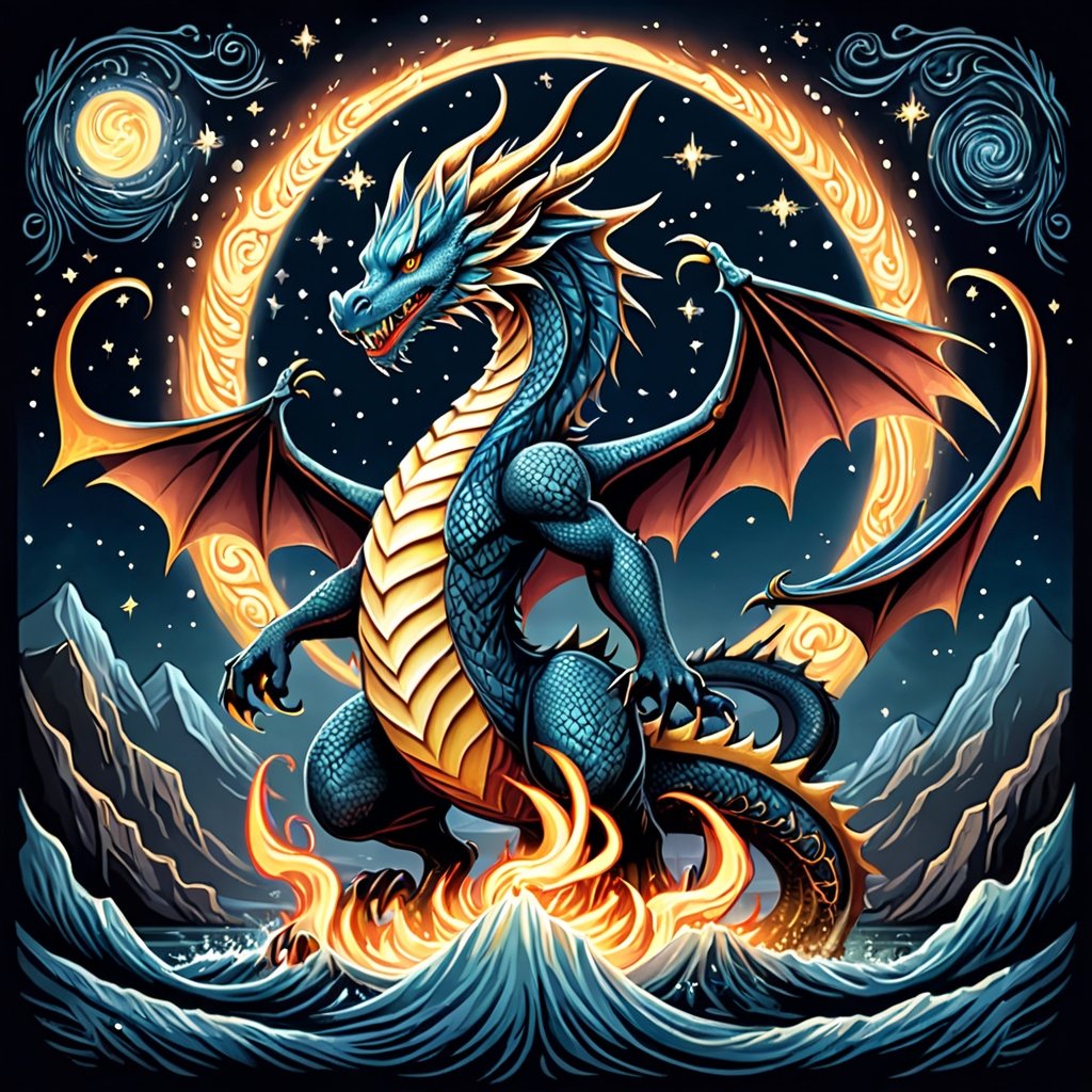 
t-shirt design, DAN MUMFORD style, vector design, 2 colors, sharp
Whimsical folk art capturing the menacing flame dragon with jaws agape and menacing claws, juxtaposed with the elusive Jubjub bird,  Van Gogh's swirling starry night as the backdrop, integrated with Nicoletta Ceccoli's dreamlike pastel tones, dramatic lighting, ultra-fine detail. full body,2D game hero, character, beautiful detailed intricate insanely, harp focus, ultra HD, realistic, vivid colors, 
render trending cinematic perfect 