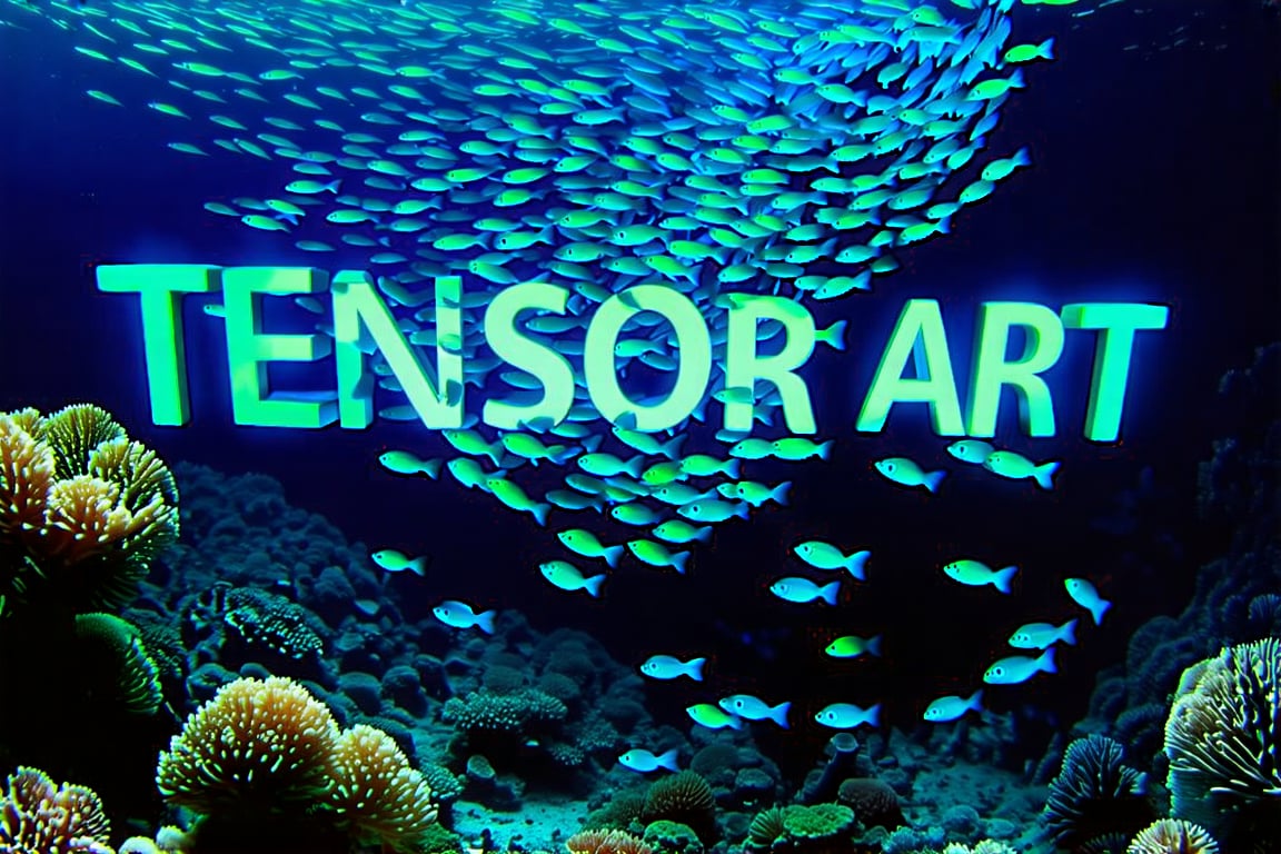 Underwater scene of a coral reef at night. Diverse marine life glows with bioluminescence. A school of fish swims in perfe...