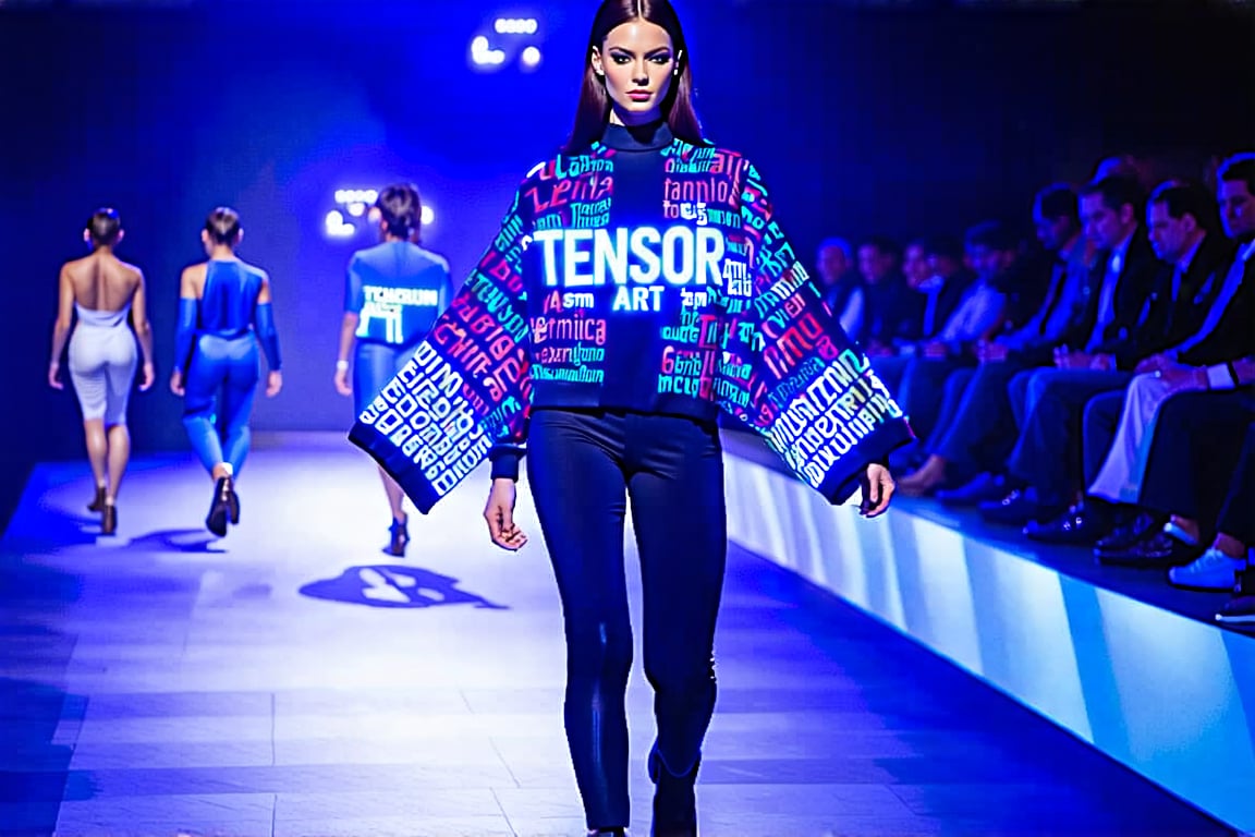 High-tech fashion runway show. Models wear sleek,  futuristic outfits with integrated AR technology. As they walk,  their...