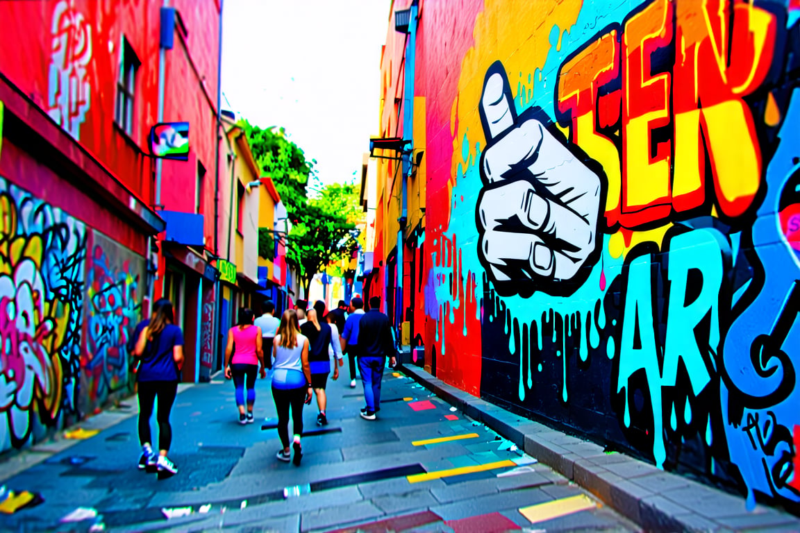 Vibrant urban alleyway covered in colorful graffiti and murals. A large,  hyper-realistic mural dominates one wall,  depic...