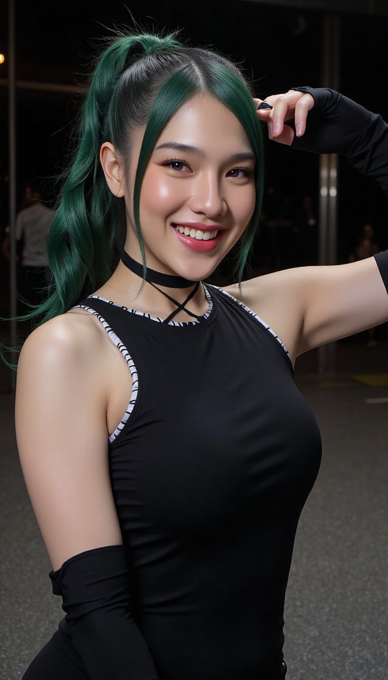 Women have long green hair that is shiny,  tied up in a high pigtail style,  with a few strands of hair down to the side b...