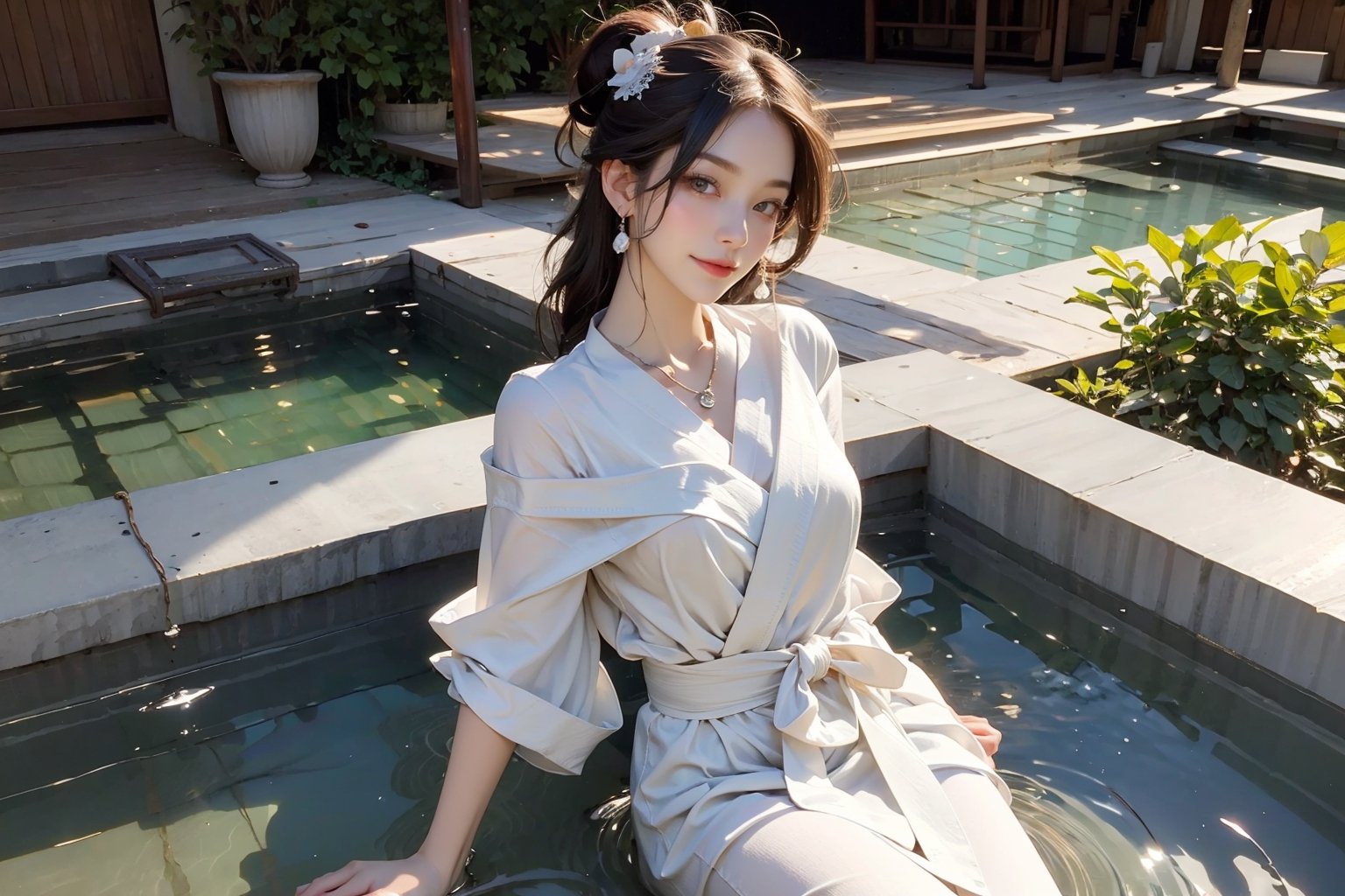 ancient arena, torch, burning buildings, falling snowflakes, 16-year-old girl, {beautiful and delicate eyes}, charming figure, plump breasts, Big bun, very long hair, (dark hair: 1.2), sexy Hanfu (silver, transparent), shiny bracelet, gorgeous necklace, very small earrings , (six pack: 1.2), best quality, high detail 8k resolution, exquisite sharp facial features, perfect face shape, real skin, bright cinematic lighting, full body photography, sharp focus, ruanyi0060, exposed neck, bare shoulders, instruments of torture, iron handcuffs, torn clothes, labyrinth cave, Japanese temple fair, onsen, beautiful and delicate eyes, smiling eyes, pool, huge fountain square, wet clothes, bath towel, bathrobe, tulle bathrobe, thin waist