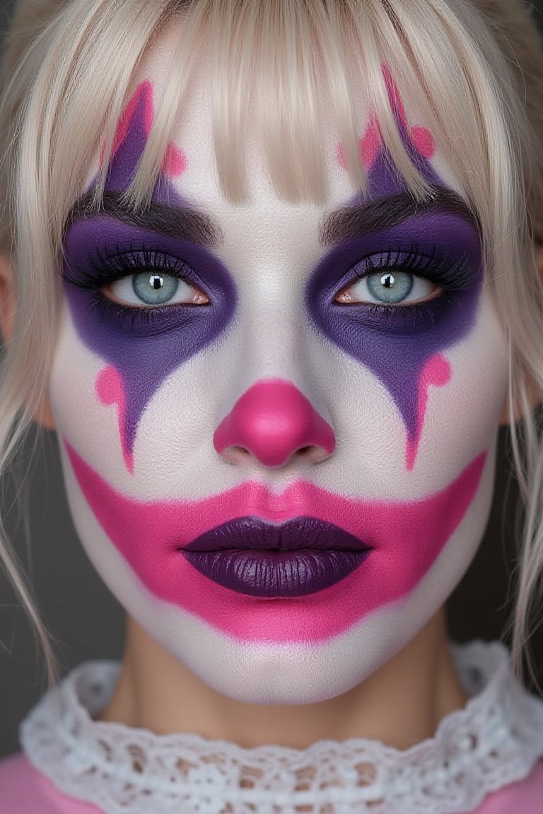 Harley Quin Close-up of a person's face with elaborate creepy clown makeup. 


The makeup features bright pink and white areas, with darker purple and black accents. The face is painted with a clown-like design, including exaggerated features like the eyes, nose, and mouth.  The eyes have white contact lenses, creating a striking contrast with the black and purple makeup around them.  Eyelashes are also applied, with dark, feathery false lashes. The mouth is a wide, sinister smile, with a dark purple-blue outlining its shape.


There are small, pink flower-like designs at the corners of the eyes and cheeks.  The overall effect is one of a theatrical, unsettling clown makeup, likely for a Halloween or special event costume. The person's hair is light blonde/platinum blond, visible as a fringe/side-swept style around the face. 


The skin appears to be fair and smooth, though not fully natural due to the layers of makeup. A lacy, white fabric collar, or ruffle, is visible at the base of the neck.