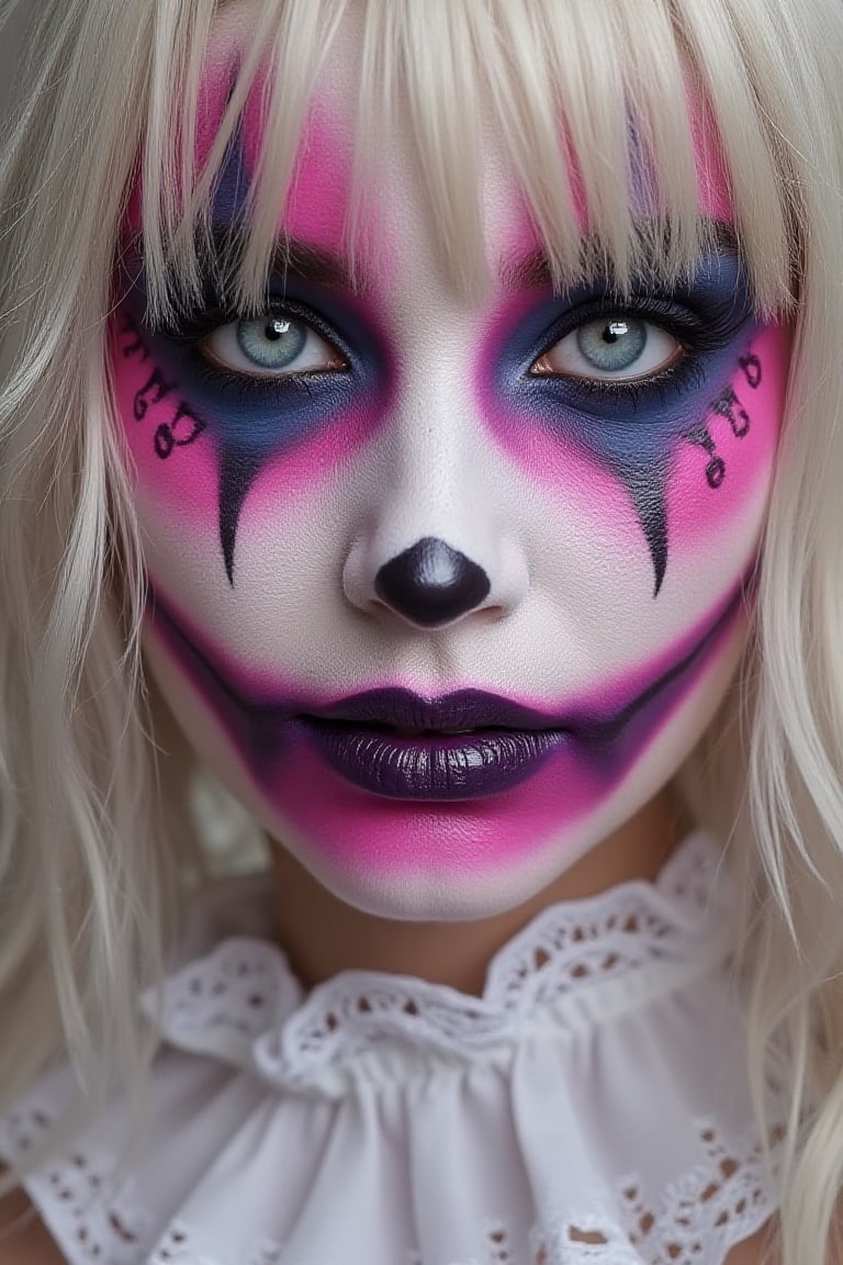 Harley Quin Close-up of a person's face with elaborate creepy clown makeup. 


The makeup features bright pink and white areas, with darker purple and black accents. The face is painted with a clown-like design, including exaggerated features like the eyes, nose, and mouth.  The eyes have white contact lenses, creating a striking contrast with the black and purple makeup around them.  Eyelashes are also applied, with dark, feathery false lashes. The mouth is a wide, sinister smile, with a dark purple-blue outlining its shape.


There are small, pink flower-like designs at the corners of the eyes and cheeks.  The overall effect is one of a theatrical, unsettling clown makeup, likely for a Halloween or special event costume. The person's hair is light blonde/platinum blond, visible as a fringe/side-swept style around the face. 


The skin appears to be fair and smooth, though not fully natural due to the layers of makeup. A lacy, white fabric collar, or ruffle, is visible at the base of the neck.