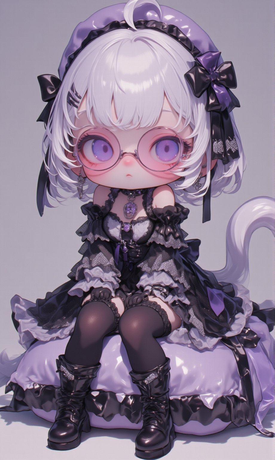 (Cute anime-style chibi figurine),3d figure,
Create a highly detailed figure, a cute girl sitting on a large cushion,Her outfit is Gothic Lolita style, featuring a black lace-trimmed dress with black ribbons and frills,wears pink-rimmed glasses,
She wears thigh-high stockings, black lace gloves, and platform shoes with ribbons,hair is styled in loose curls and adorned with a Gothic headdress, muted tones that complement the girl's elegant yet cute look,silver and purple accents to match her Gothic style,lyh,dal,create figure 2,