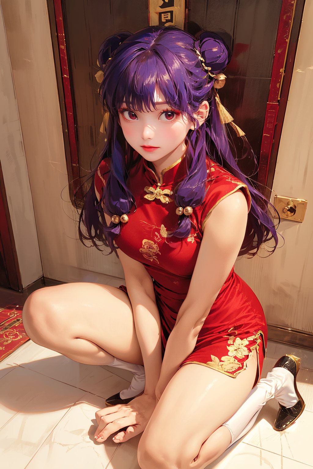 masterpiece,1 beautiful girl, solo,full body shot, long hair, slender, natural and soft light, hair blown by the breeze, Elegant face, pale skin, delicate facial feature, shyly smile, looking at camera, realhands,shampoo, shampoo (ranma 1/2), long hair, hair ornament, red eyes, purple hair, hair bun, double bun
dress, chinese clothes, china dress, red dress, long sleeves, lips, medium breasts, brown hair, lipstick, makeup, white legwear