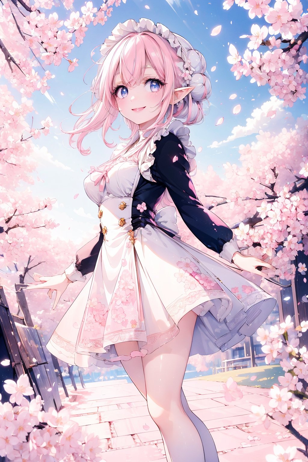 (masterpiece, best quality, highres:1.3), ultra resolution image, (1girl), (solo), kawaii, white to pink hair, elf, double buns, fantasy, sunlight, dreamy, smile, cute, sakura petals swirling background, pale skin, highly detailed maid dresses, full body, look to viewer, lovely dreamy blurring background 